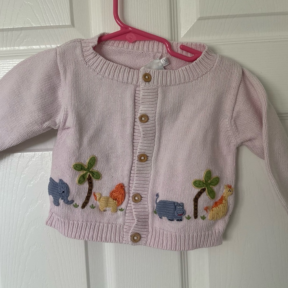 Bella Bliss Pink Baby Sweater with embroidered animals. Size 18 months.